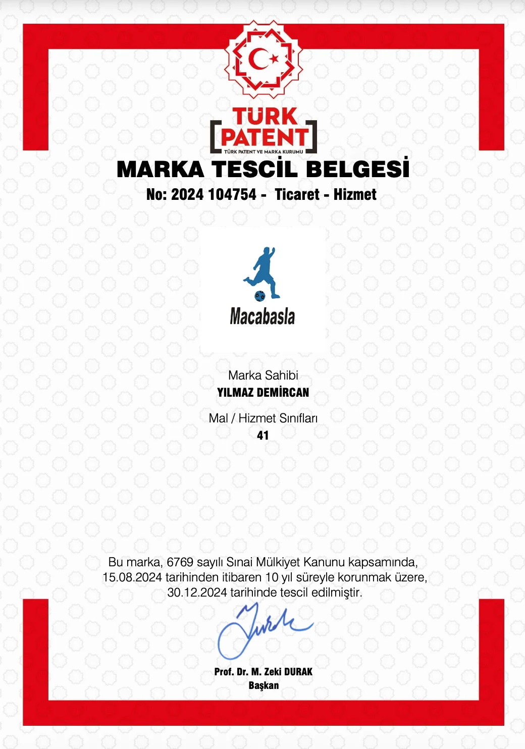Maçabaşla Marka Tescil Belgesi — Türk Patent ve Marka Kurumu